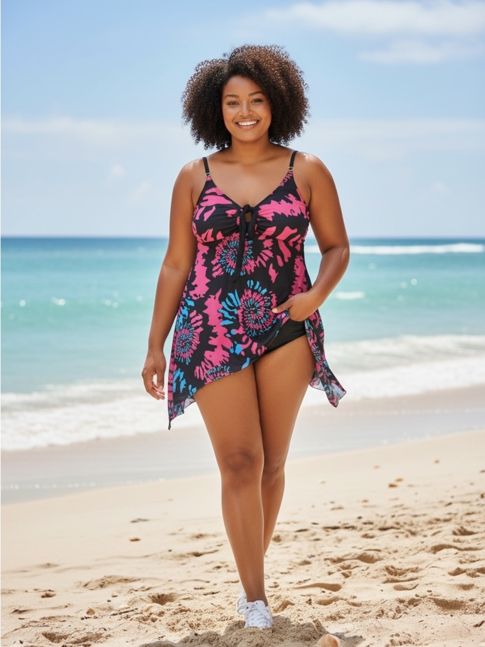 Plus Size Black Pink & Blue Floral Handkerchief Hem One-Piece Swimdress